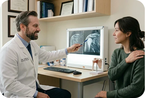 Dr. Turkula reviewing shoulder imaging with a patient to discuss individualized rotator cuff treatment options