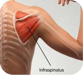 Medical illustration labeled B showing an infraspinatus rotator cuff tear