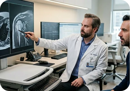 Dr. Turkula reviewing shoulder MRI imaging with a patient at a computer monitor