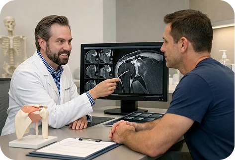 Dr. Turkula reviewing shoulder MRI imaging with a patient at a computer monitor
